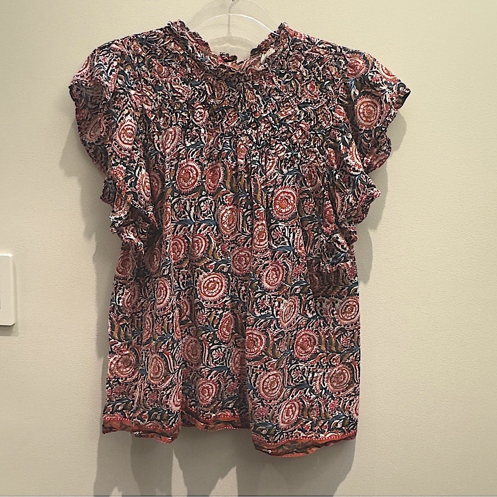 Jennifer And Grace Women's Lattice Yoke Printed Blouse Top Size L